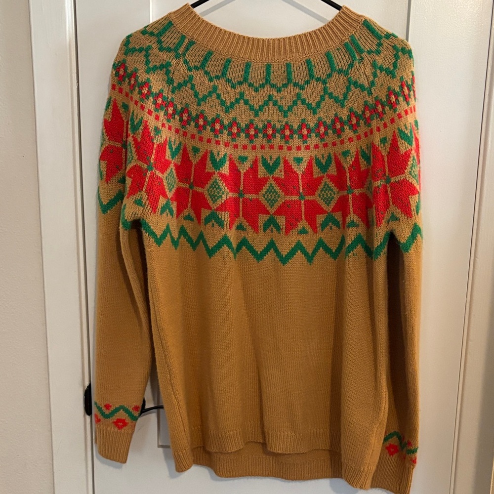 Ladies Festive Knit Sweater - Red, Green, and Tan